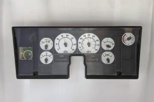 front view of a 1990-2001 International Semi Instrument Cluster with White Gauges