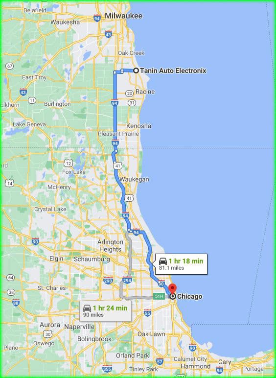Chicago to Tanin Auto Electronix Map